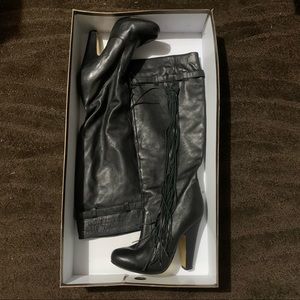 Bebe Madeline Genuine Leather Tassled Knee High Boot